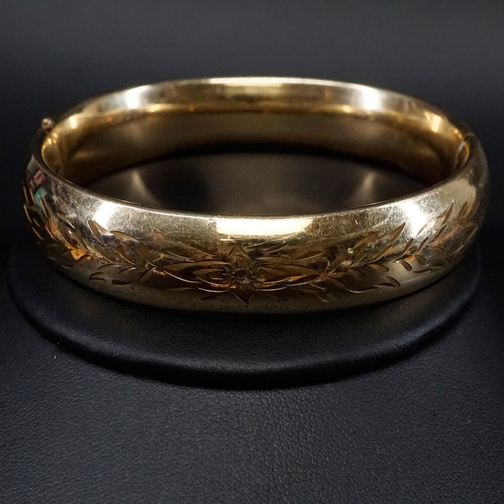 Vintage 12K Gold Filled Etched Hinged Slide Bangle Bracelet Floral Design 7 3/4"